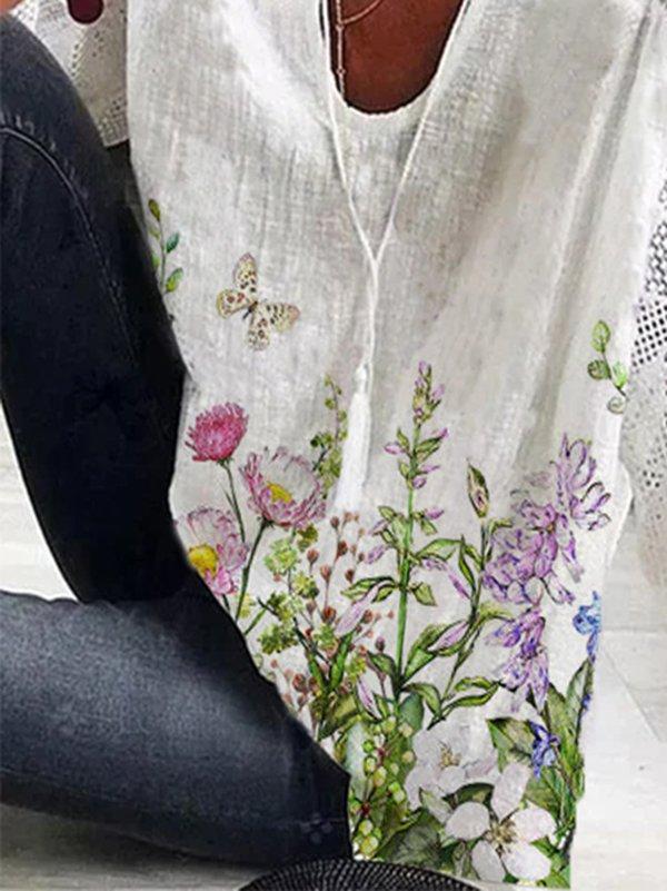 Floral Print Casual V Neck 3/4 Sleeve Blouse