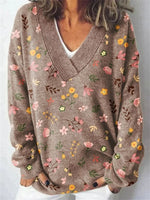 Casual Floral Print V-neck Long Sleeve Loose Casual Sweater