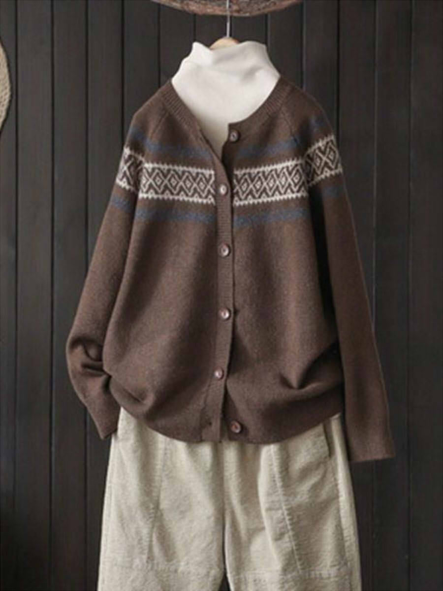 Brown Long Sleeve Print Sweater