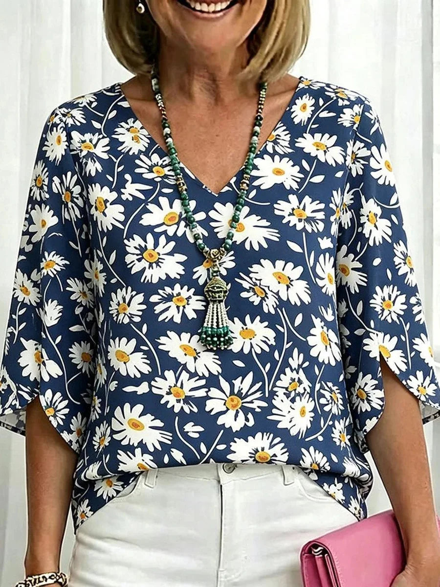 Navy Blue Daisy Print V-Neck 3/4 Sleeve Casual Top