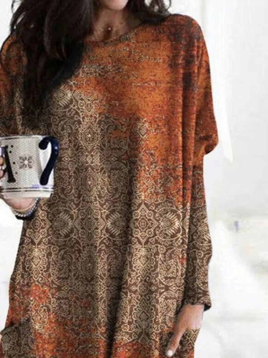 Ethnic Abstract Art Print Crew Neck Pockets Casual Blouse
