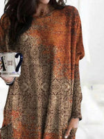 Ethnic Abstract Art Print Crew Neck Pockets Casual Blouse