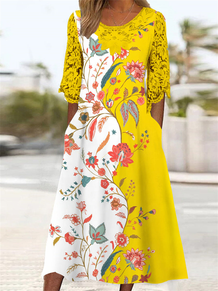 Women's 3/4 Sleeve Round Neck Floral Printed Lace Stitching Midi Dress