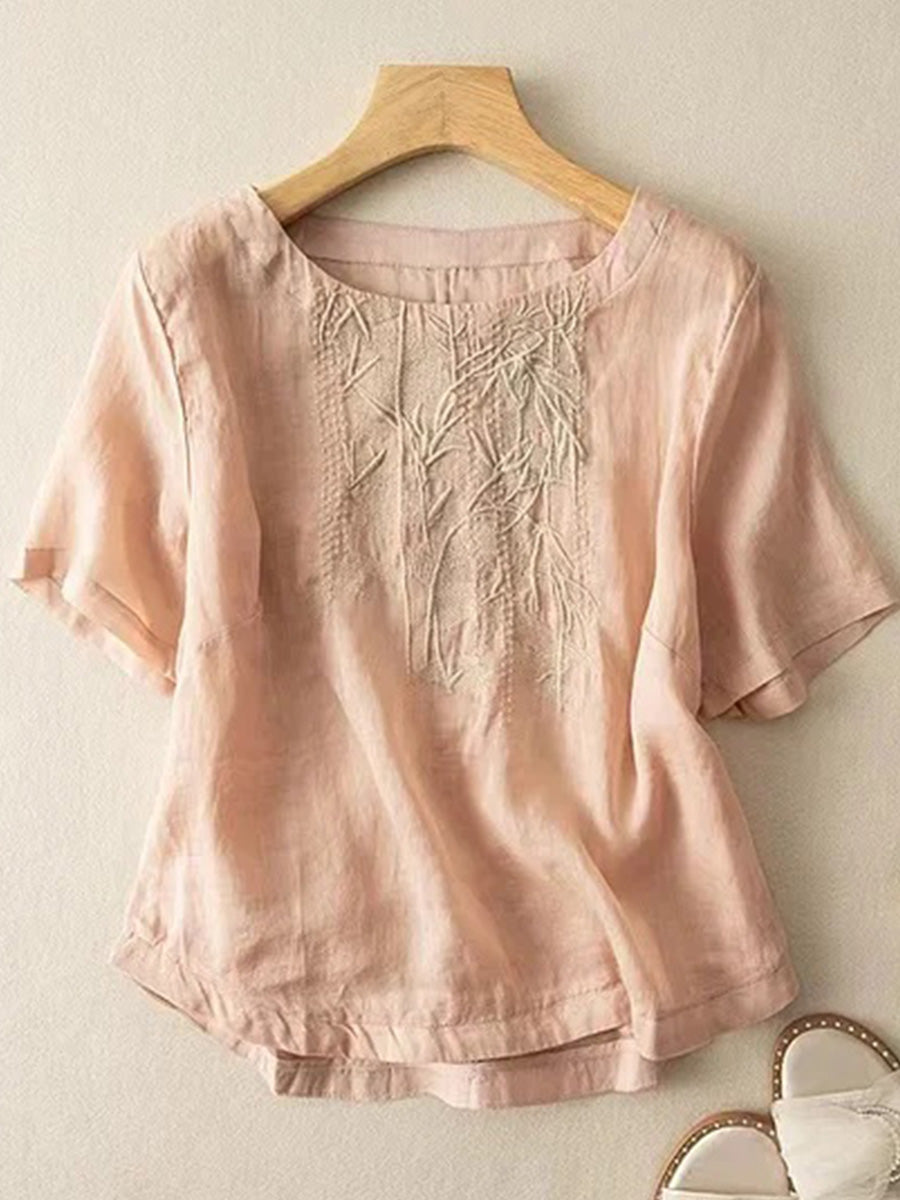 Art Retro Embroidery Short Sleeve Patchwork Shirt