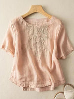 Art Retro Embroidery Short Sleeve Patchwork Shirt