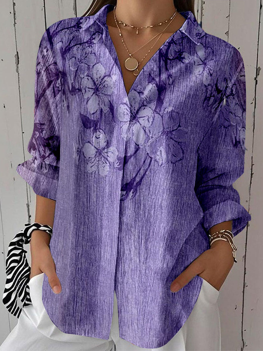 Women 3/4 Sleeve Lapel Floral PrintedPurple Top