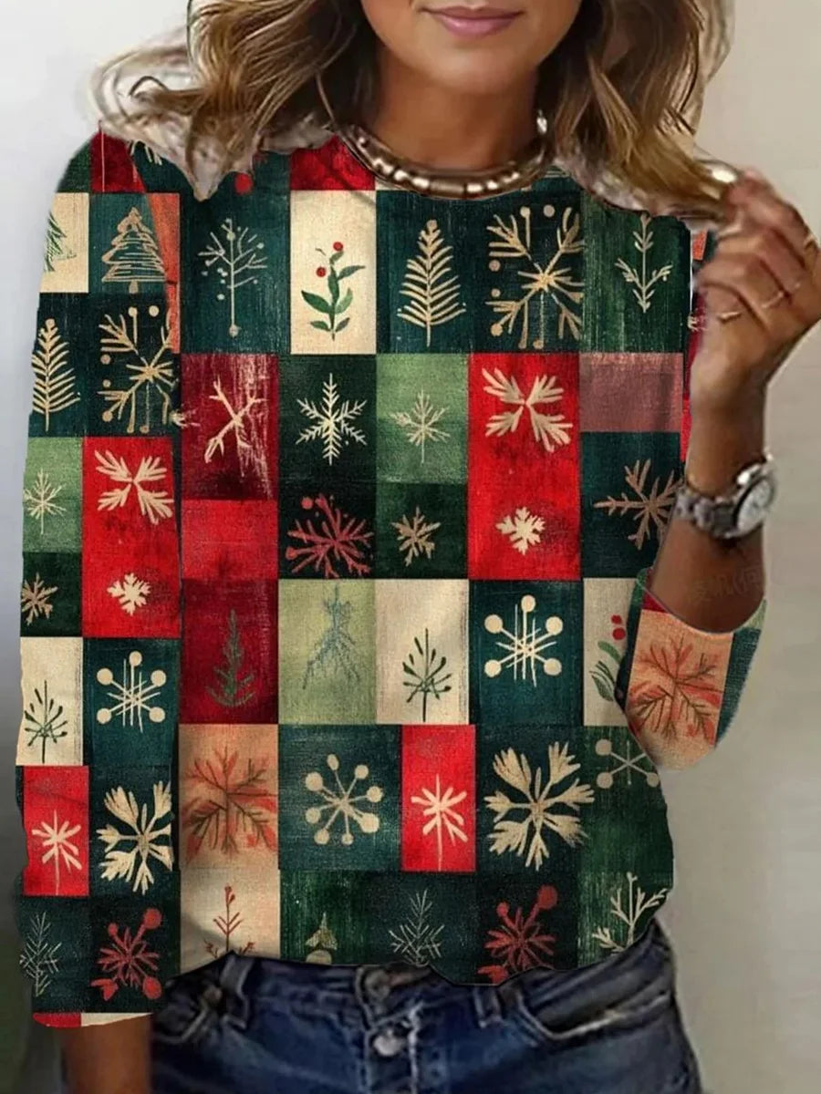 Elegant Christmas Holiday Print Round Neck Long Sleeve Top
