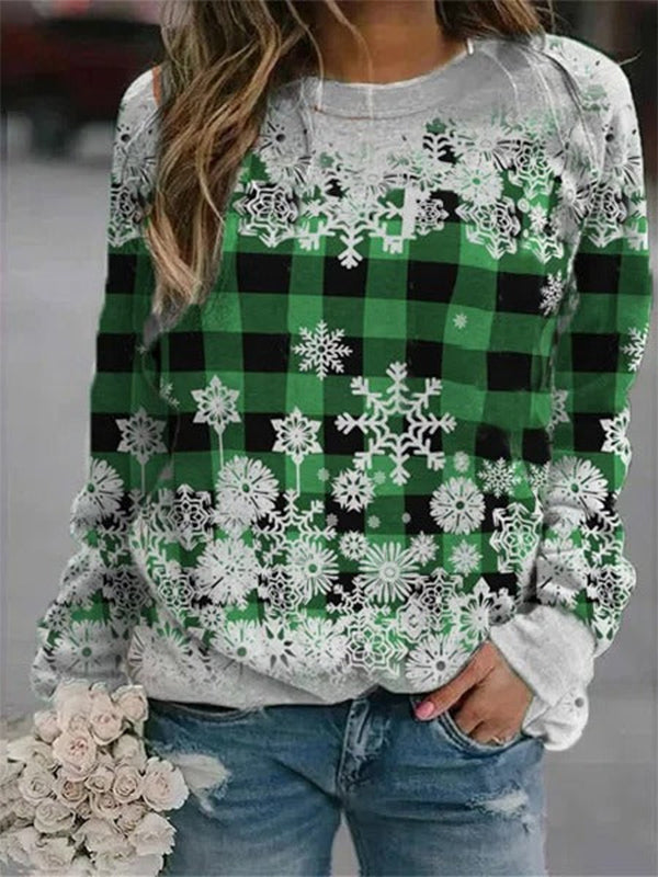Green Casual Graphic Tops Round Neck Long Sleeve Snowflake Printed Xmas Sweatshirts