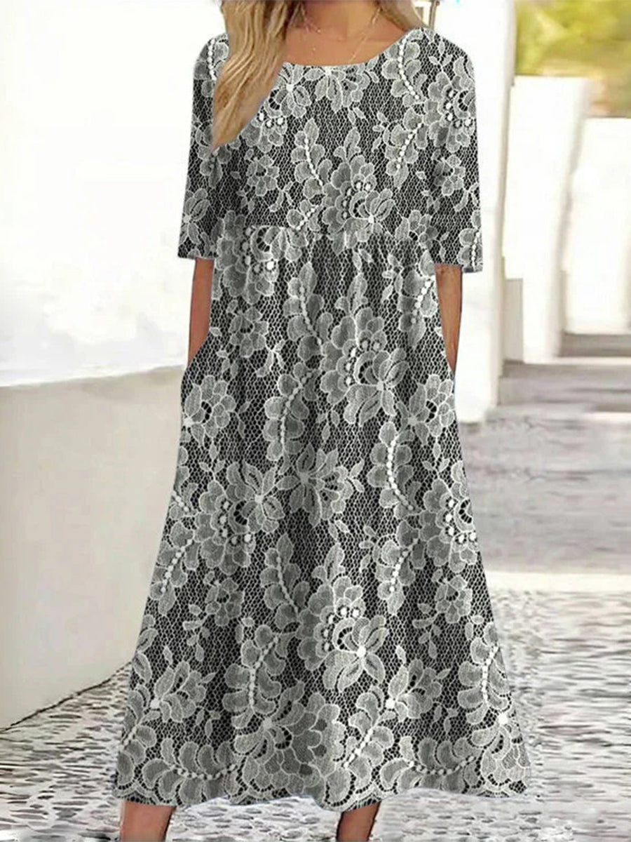 Vintage Floral Print Round Neck Half Sleeve Dress