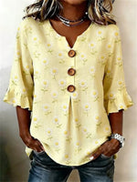 Vintage Floral Print V-neck 3/4 Sleeve Blouse