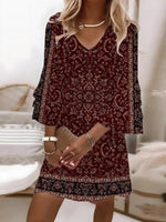 Ethnic Floral Printed V Neck 3/4 Sleeve Comfy Mini Dress