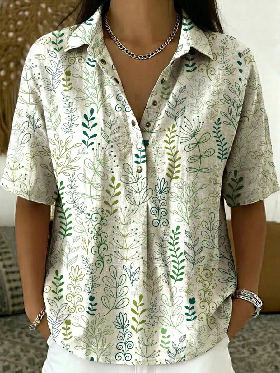 Women's Floral Print Casual Polo Collar Short-sleeve Shirt