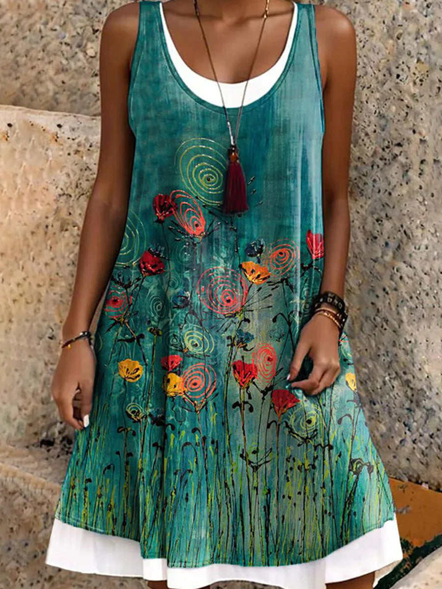 Green Floral Print Round Neck Sleeveless Mini Dress