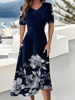 Blue Short Sleeve V-Neck Floral Print Midi Dress