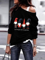 Santa Printed Long Sleeve Oblique Shoulder Sweatshirt