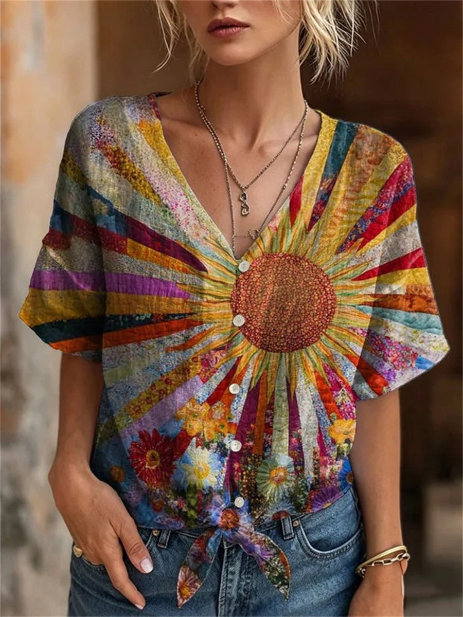 Vintage Floral Print V-neck Short Sleeve Blouse