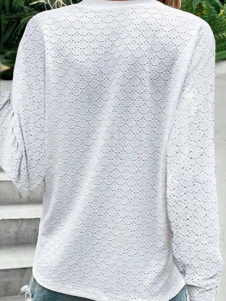 Casual Button V Neck Hollow Long Sleeve Blouse