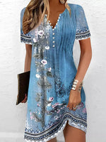 Women's Floral Print V-Neck Short Sleeve Boho Mini Dress