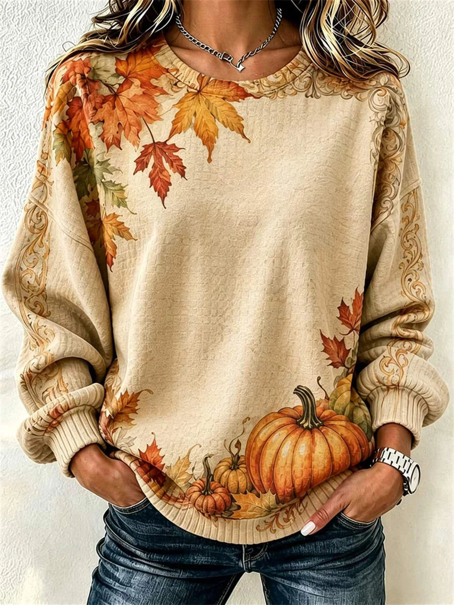 Casual Maple Leaf Crew Neck Long Sleeve Sweatshirt