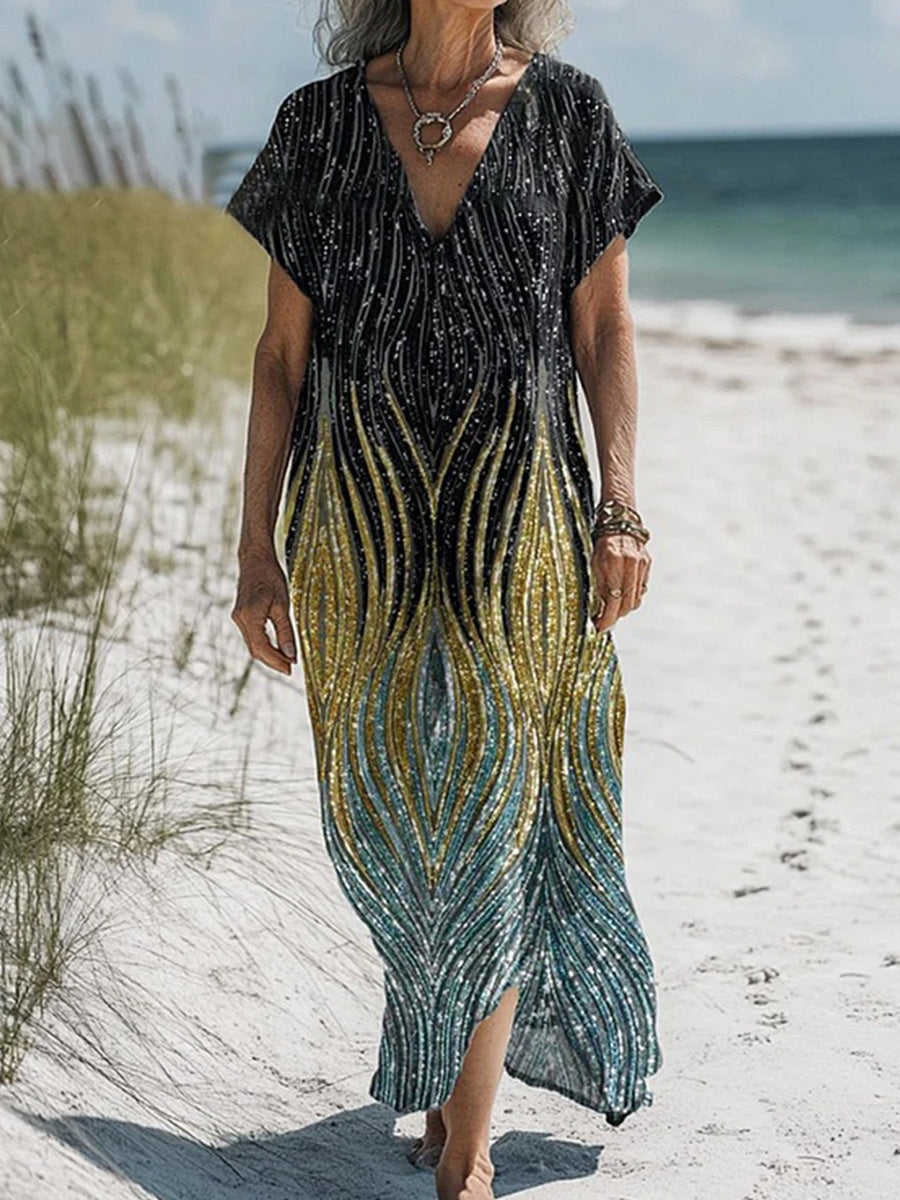 Silver Gold Gradient Art Print Short Sleeve Cotton Dress
