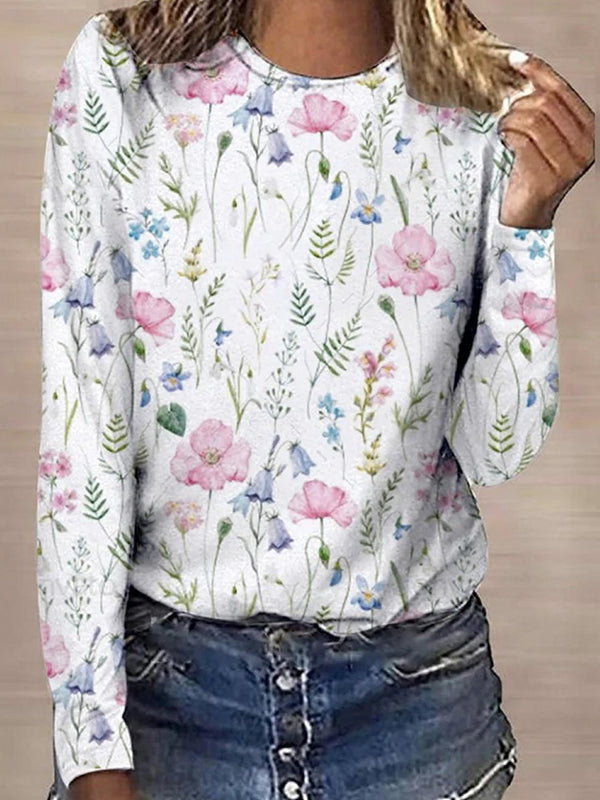 White Casual Graphic Tops Round Neck Long Sleeve Floral Printed Sweatshirt