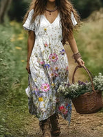 Vintage Floral Print V-neck Short Sleeve Dress