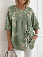 Fresh Olive Green Leaf Print Round Neck Short Sleeve Top