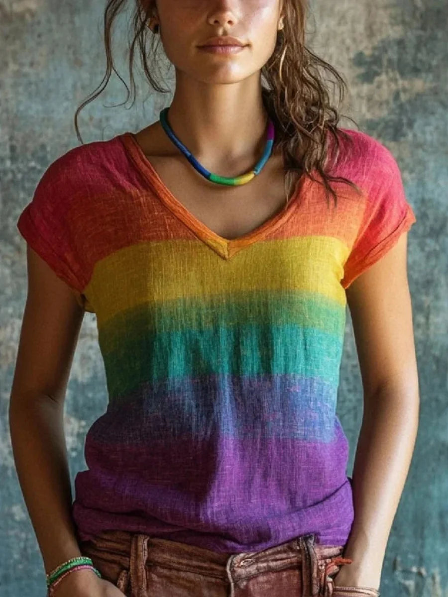 Vintage Colourful V-neck Short Sleeve T-Shirt