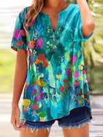 Chic Floral Print V-Neck Short Sleeve Top