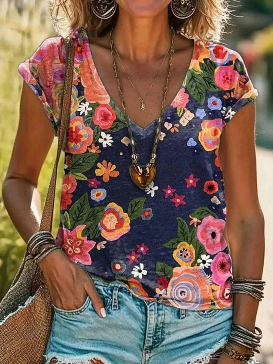 Casual Floral Print V-neck Short Sleeve T-Shirt