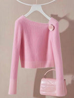 Elegant V-Neck Long Sleeve Pink Sweater