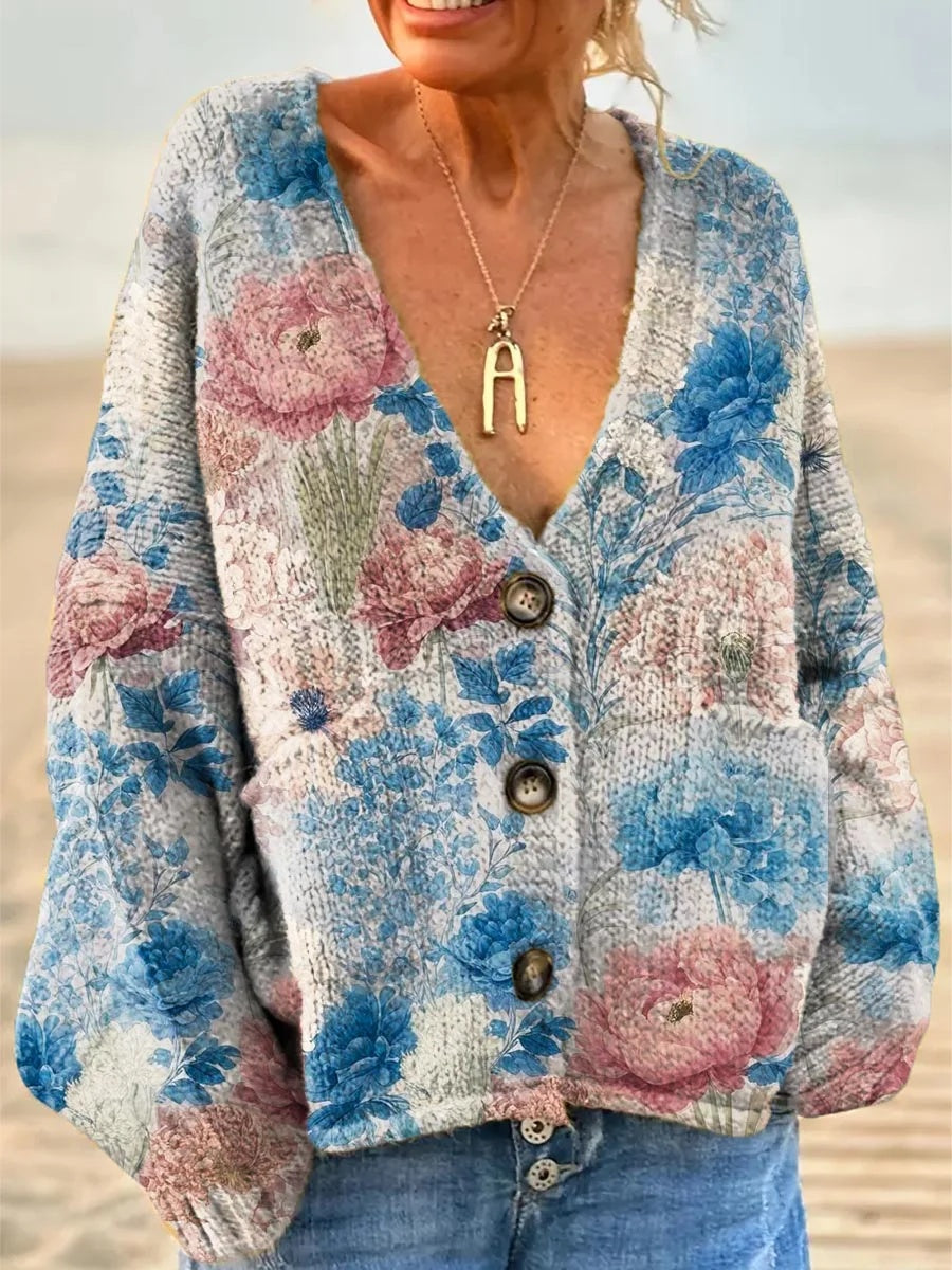 Women's Floral Pattern Art Print V-neck Long Sleeve Casual Pullover Sweater