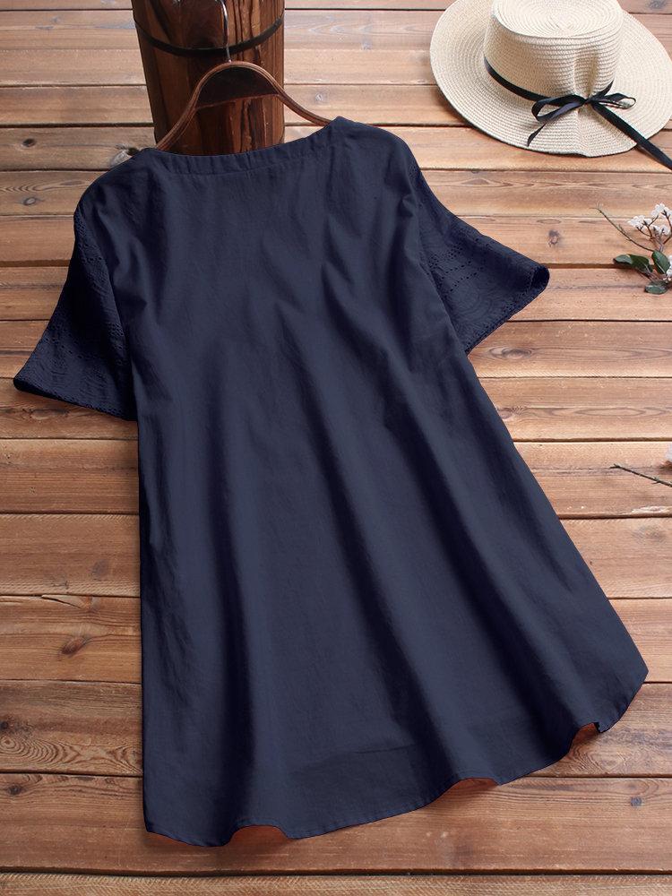 Women's Cotton Eyelet Short Sleeve Button Detail Casual Tunic Top