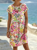 Multicolor Watercolor Dot Print Round Neck Short Sleeve Casual Dress