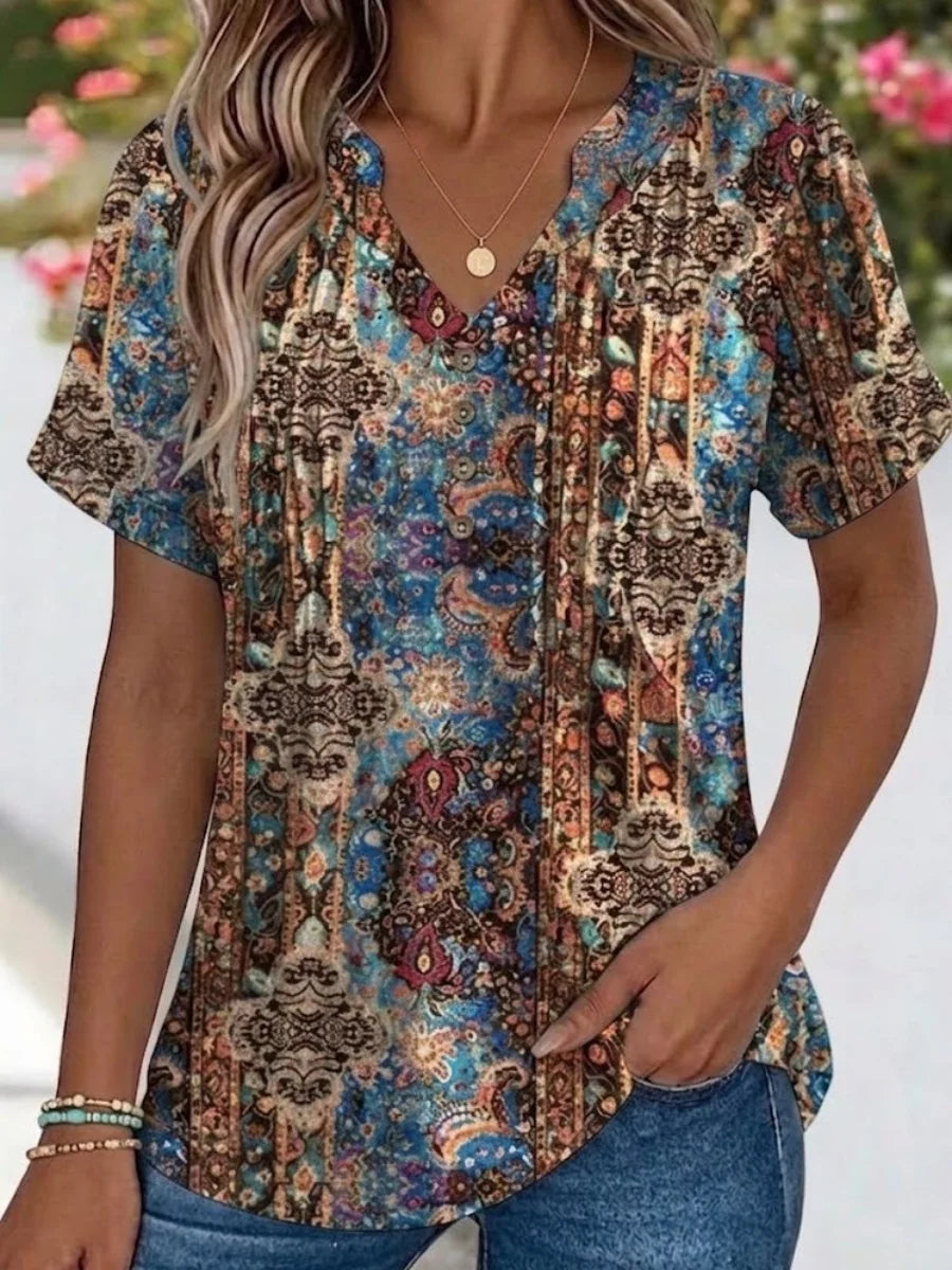 Vintage Paisley V Neck Short Sleeve T-shirt