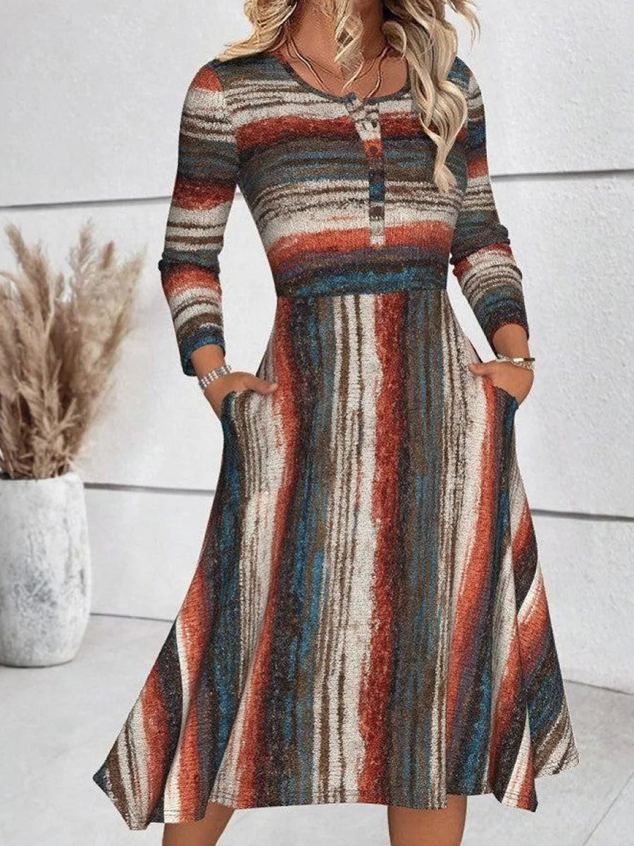 Chic Long Sleeve Striped Midi Dress