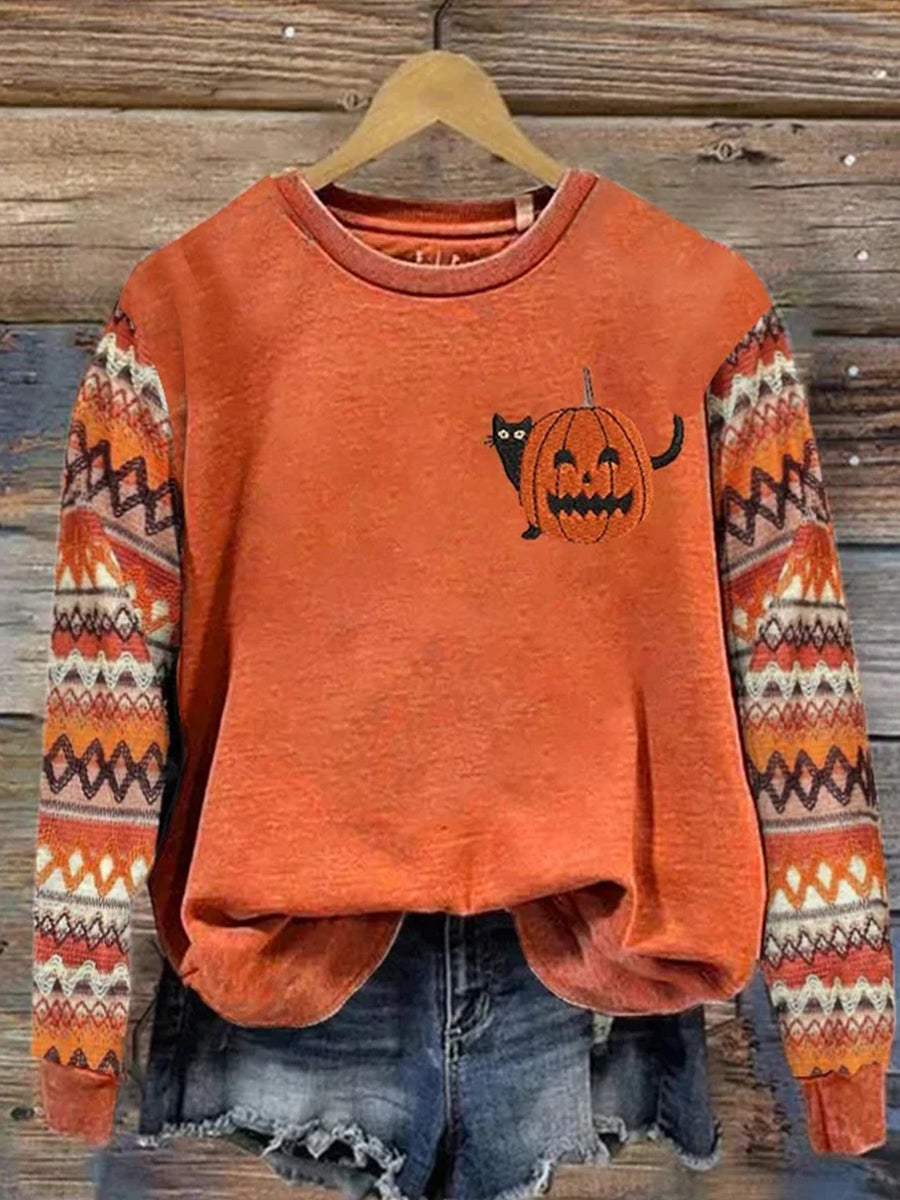Halloween Pumpkin Printing Round Neck Long Sleeve Sweatshirt