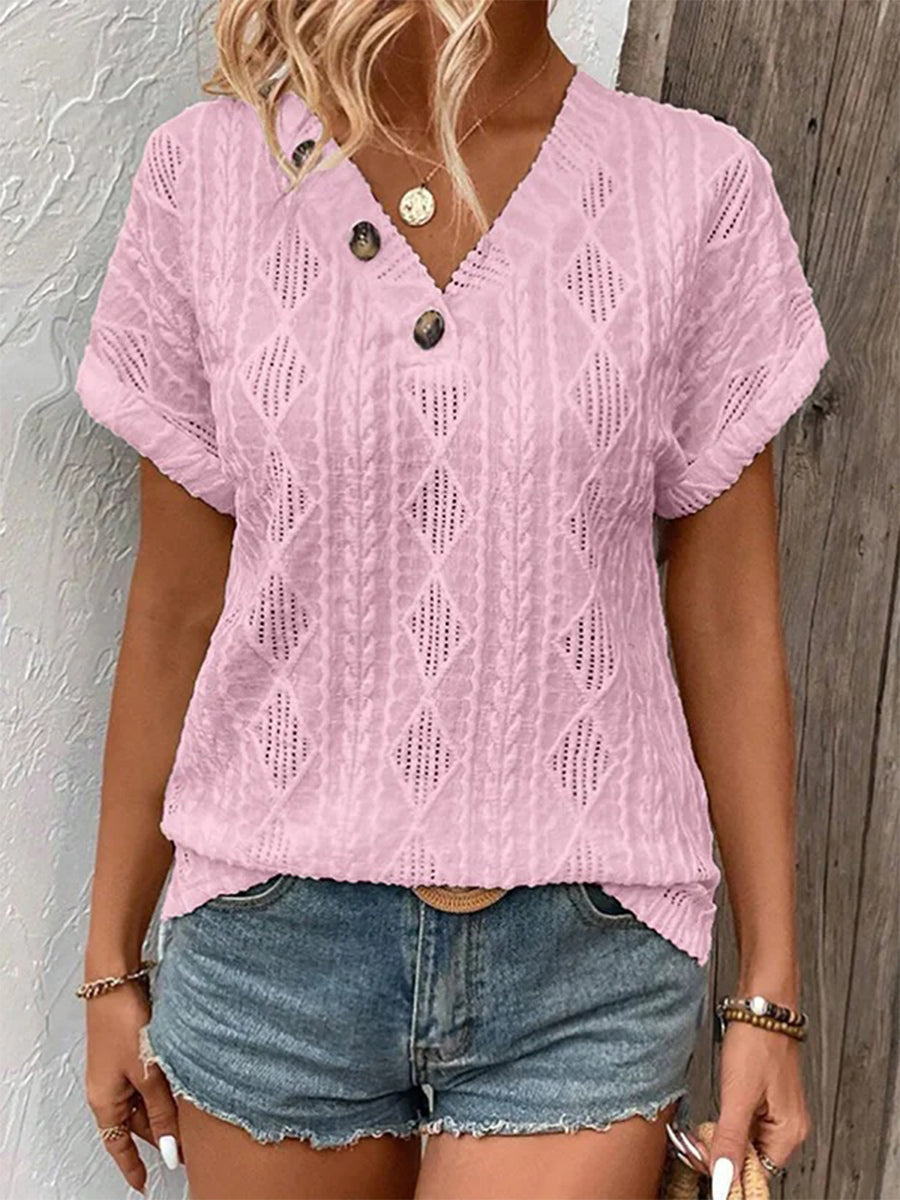 Loose Short Sleeve Buttoned Solid Color V-Neck T-Shirt