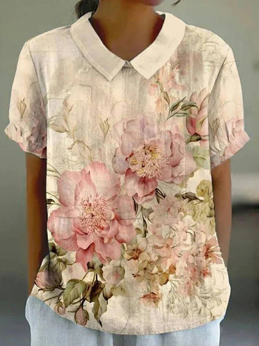Vintage Floral Print Short Sleeve Blouse