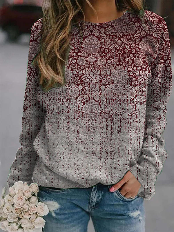 Red Casual Graphic Tops Round Neck Long Sleeve Floral Printed Sweatshirts