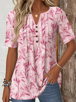 Floral Print Short Sleeve Pleated Front Henley Blouse