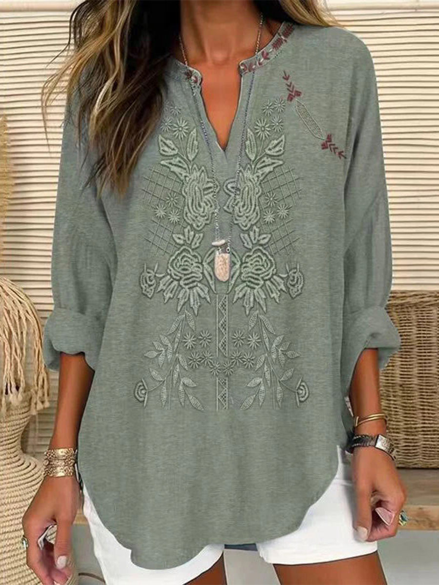 Vintage Floral Print V-neck Long Sleeve Blouse