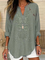 Vintage Floral Print V-neck Long Sleeve Blouse
