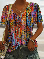 Women Abstract Print V-neck Short Sleeve T-shirt