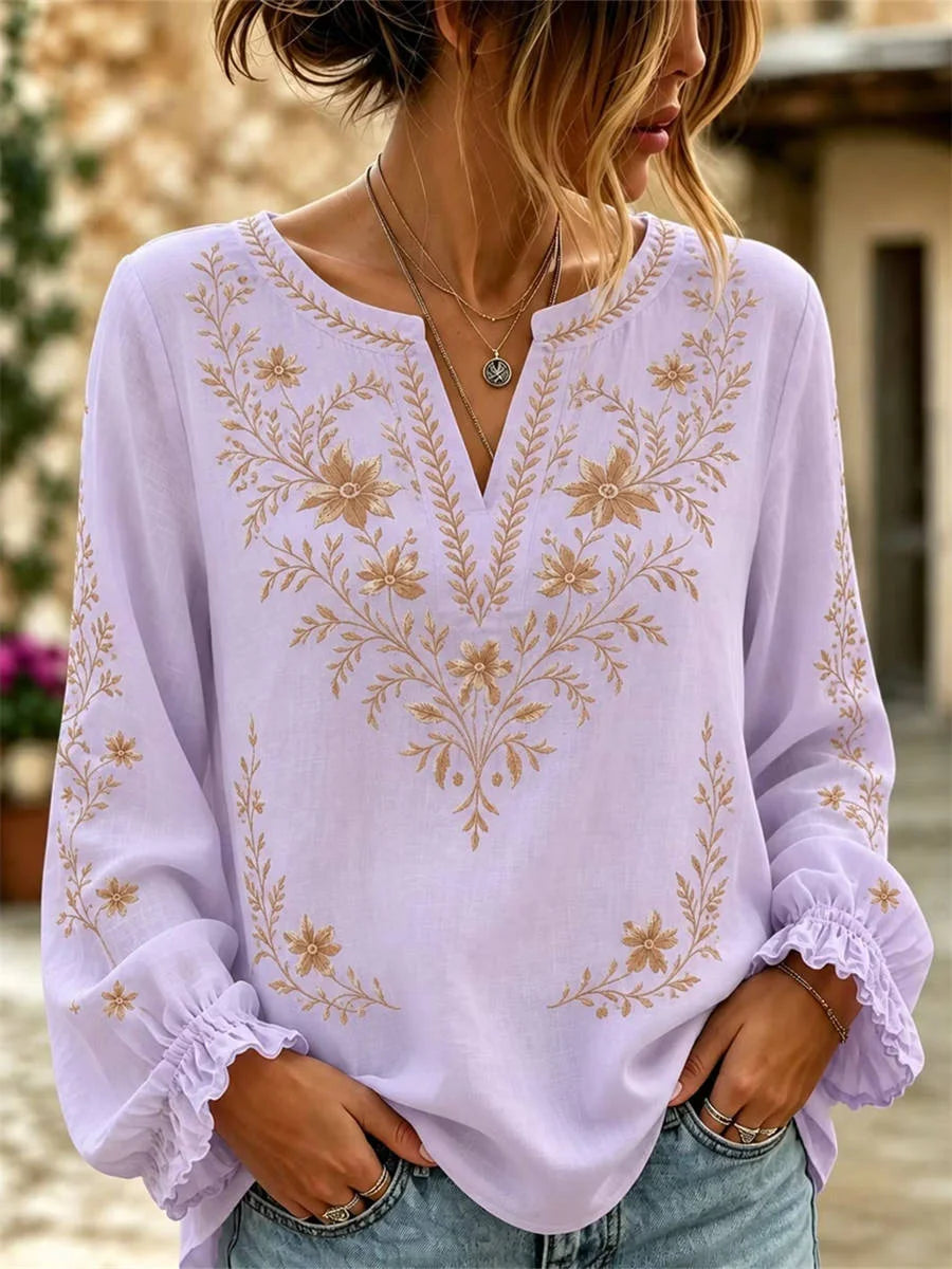 Women's Retro Floral Art Cotton Linen V-neck Long Sleeve T-shirt