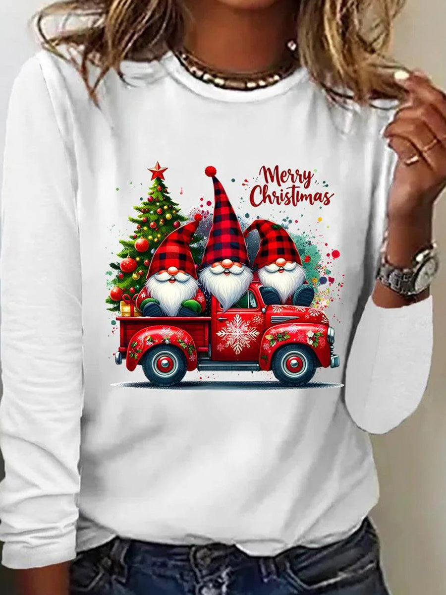 White Holiday Round Neck Long Sleeve Top