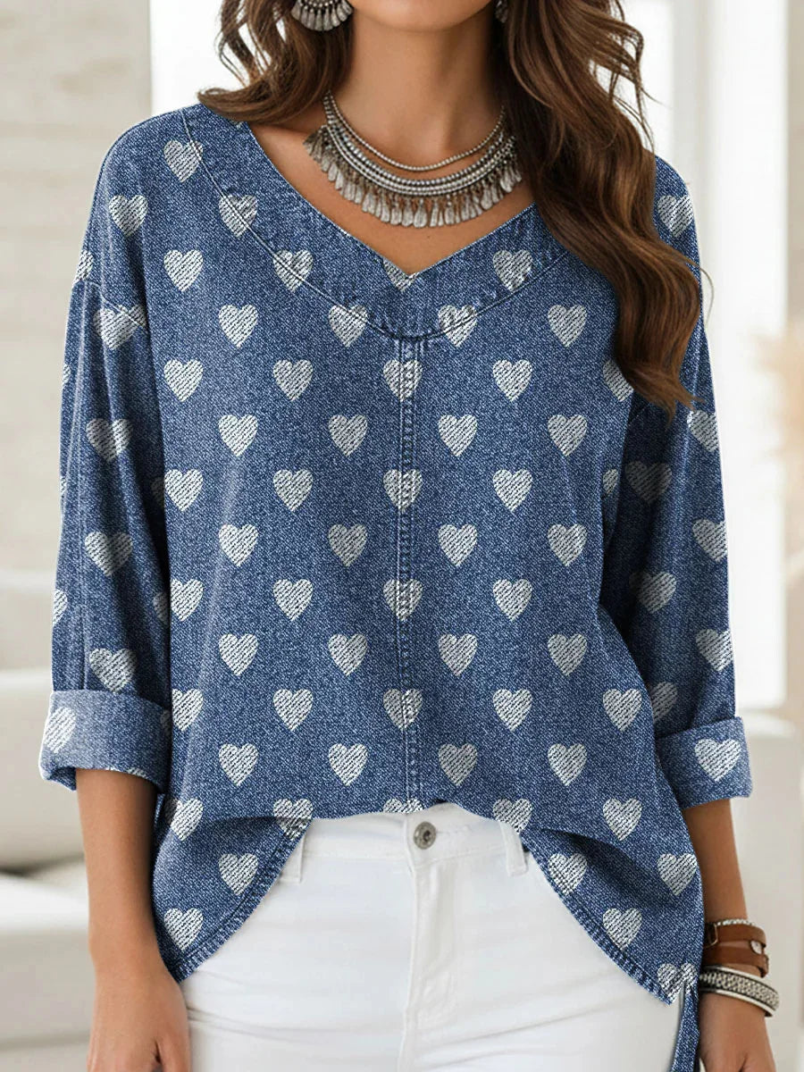 Women's Heart Pattern Print Casual V-neck 3/4 Sleeve Shirt