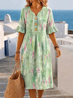 Green Floral Print Ruffle Half Sleeve Henley Midi Dress