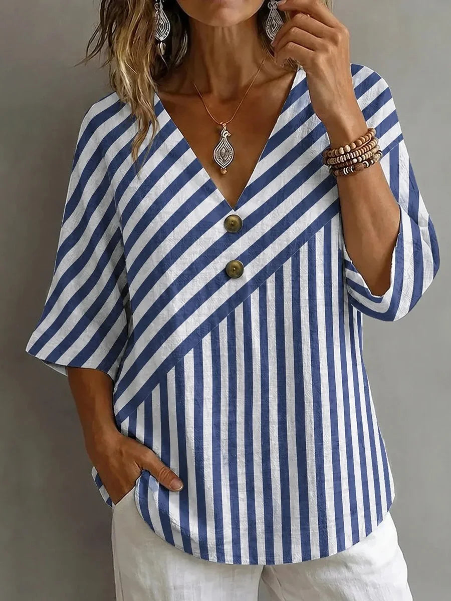 Blue White Mixed Stripe Asym Button V Neck 3/4 Sleeve Tunic Blouse