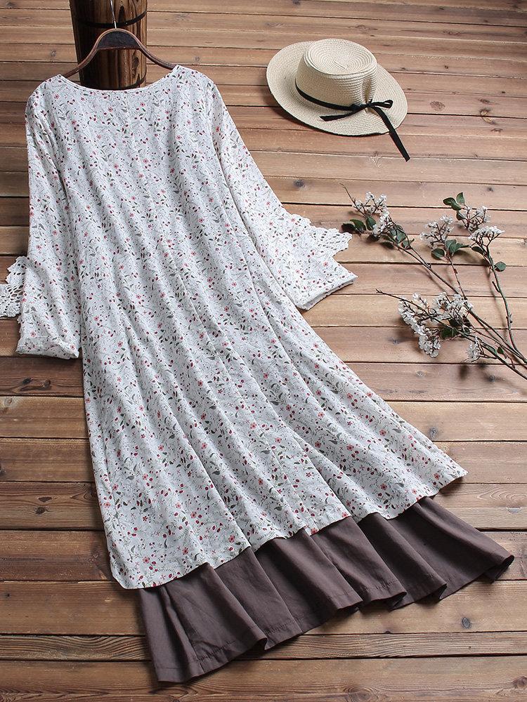 Vintage Patchwork Print V-Neck Maxi Dress with Pockets